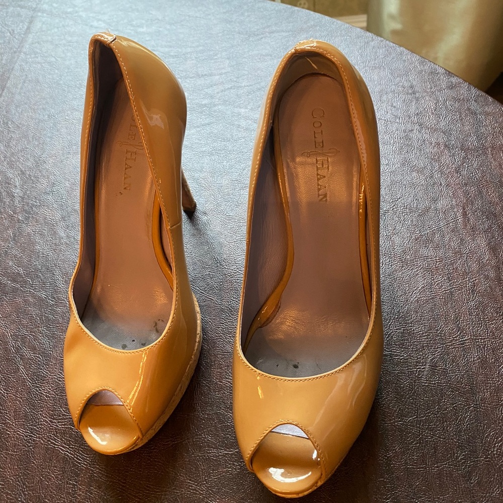 Cole Haan Patent Leather Peep Toe Platform Shoes